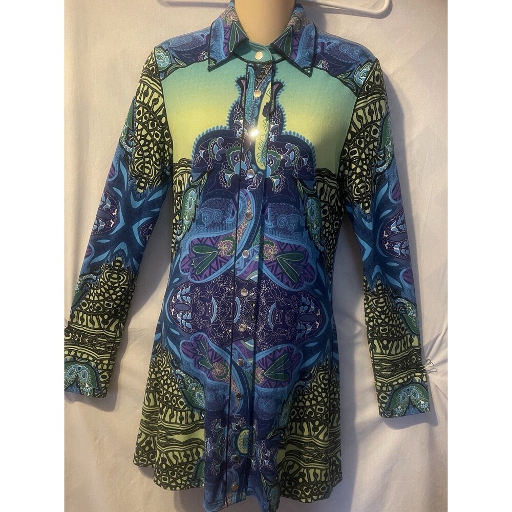 EVA VARRO Art To Wear Multi Color Paisleys Snap Close Jersey Knit Tunic XS